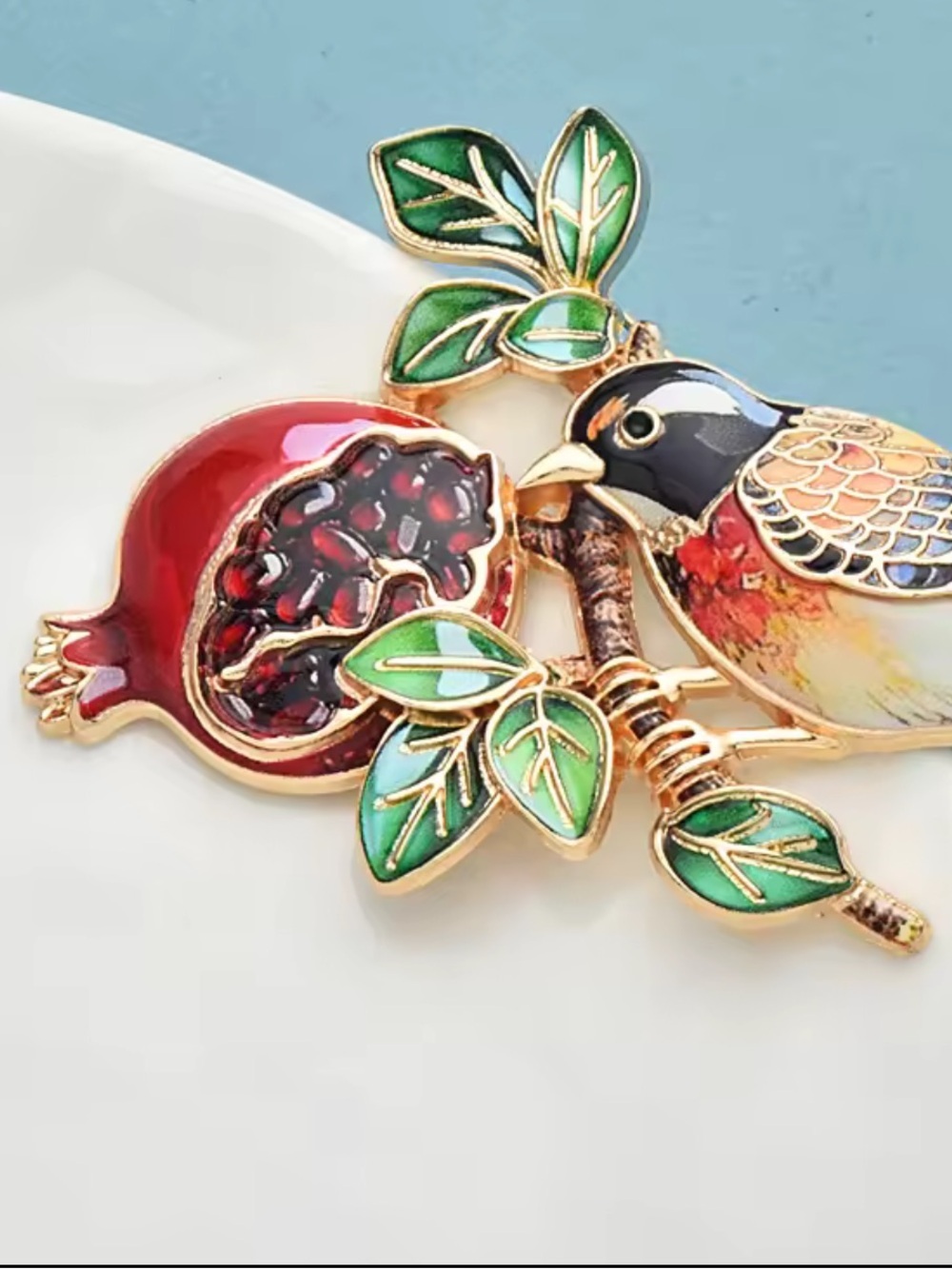 Pomegranate Bird Gold Brooch - Picture 8 of 11